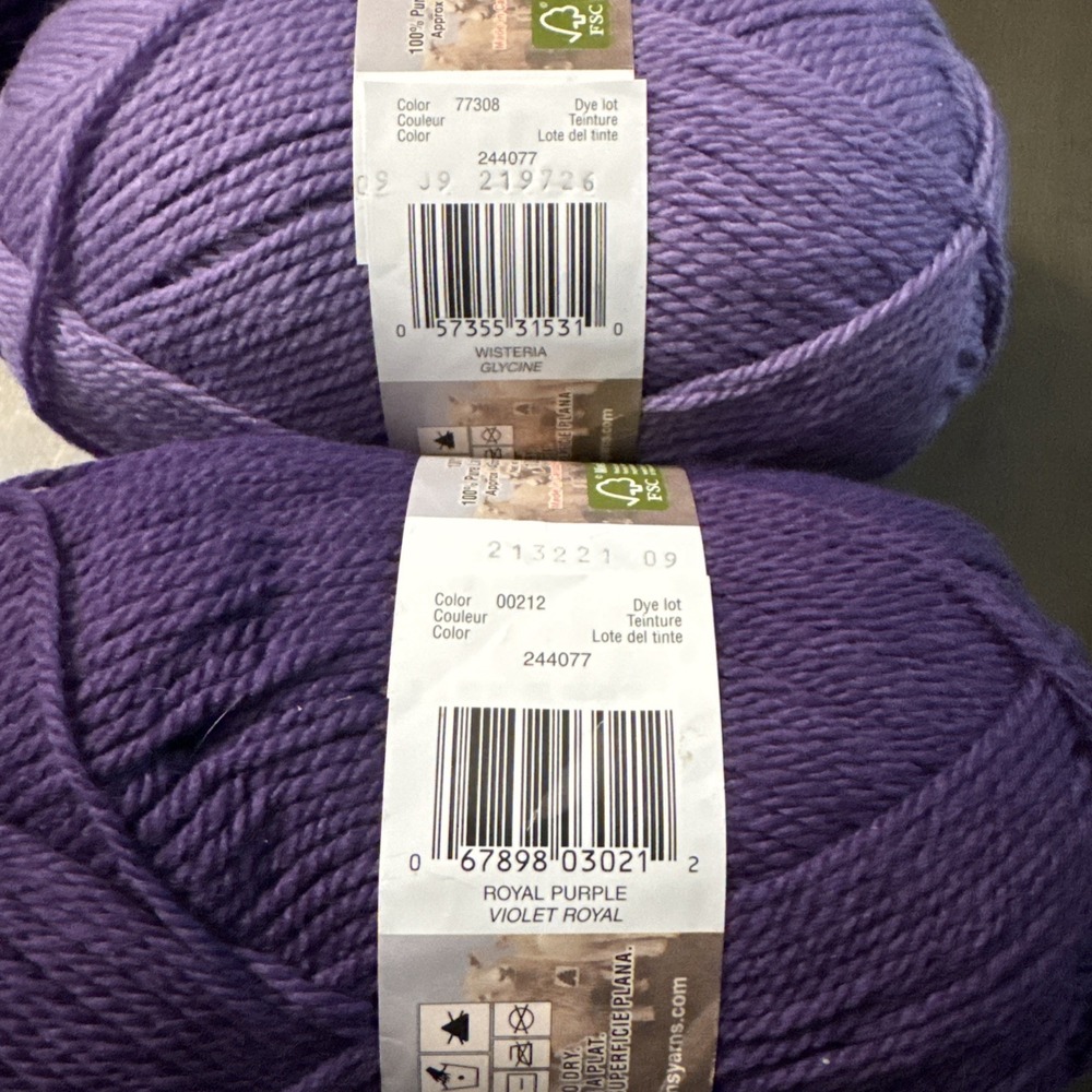 Patons Classic Wool Merino Yarn, Lot of 6 Skeins, 3 Royal Purple 3 Wisteria Flux